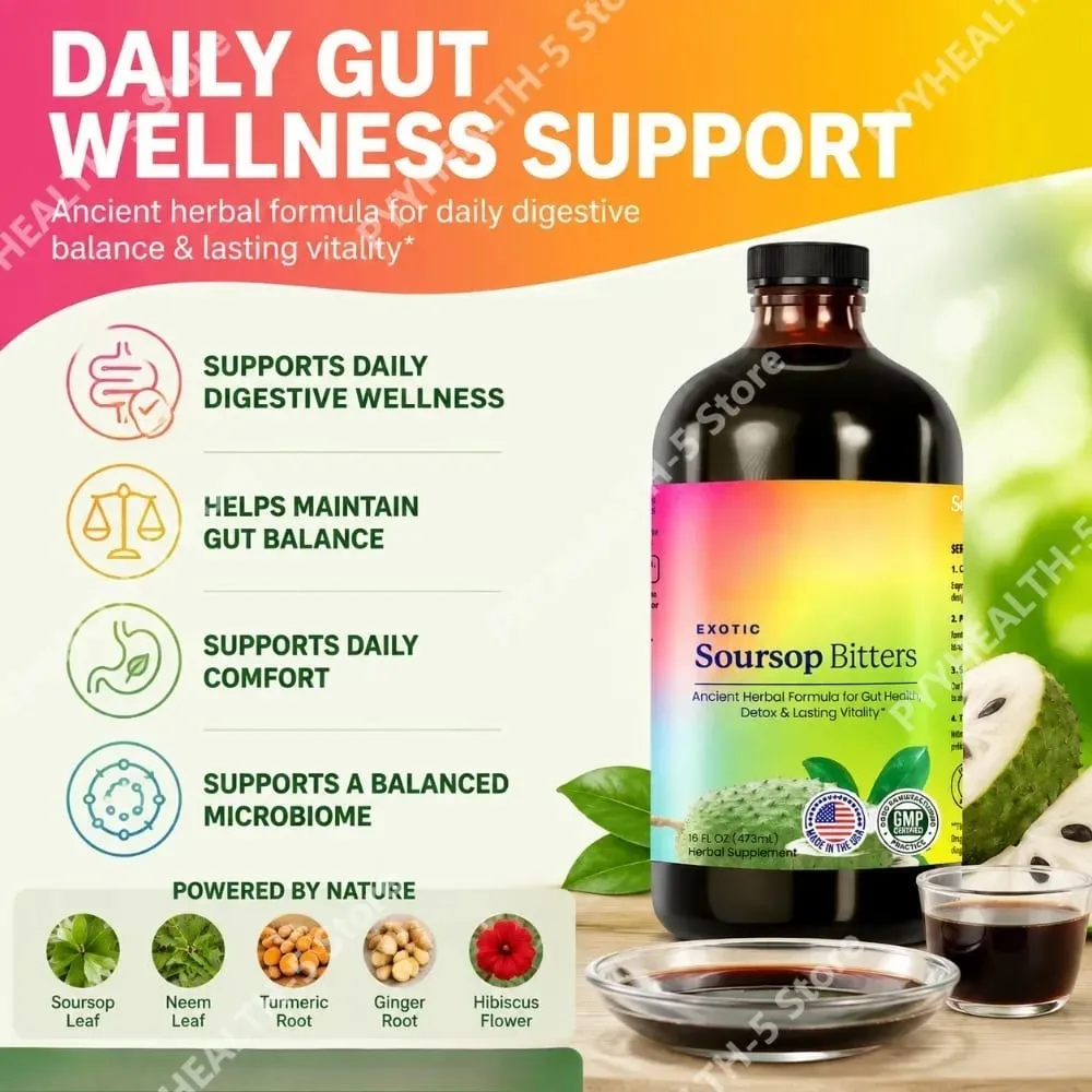 Herbal Soursop Bitters Liquid Supplement Black Seed Moringa Irish Moss Drops for Gut Digestive Wellness Immune 16 Fl Oz(473ml)