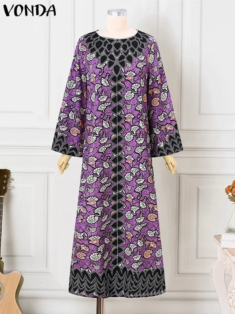 Bohemian Party Dress Elegant Women Printing Sundress Vintage Flare Long Sleeve Maxi Vestidos Oversized O-Neck Robe Femme