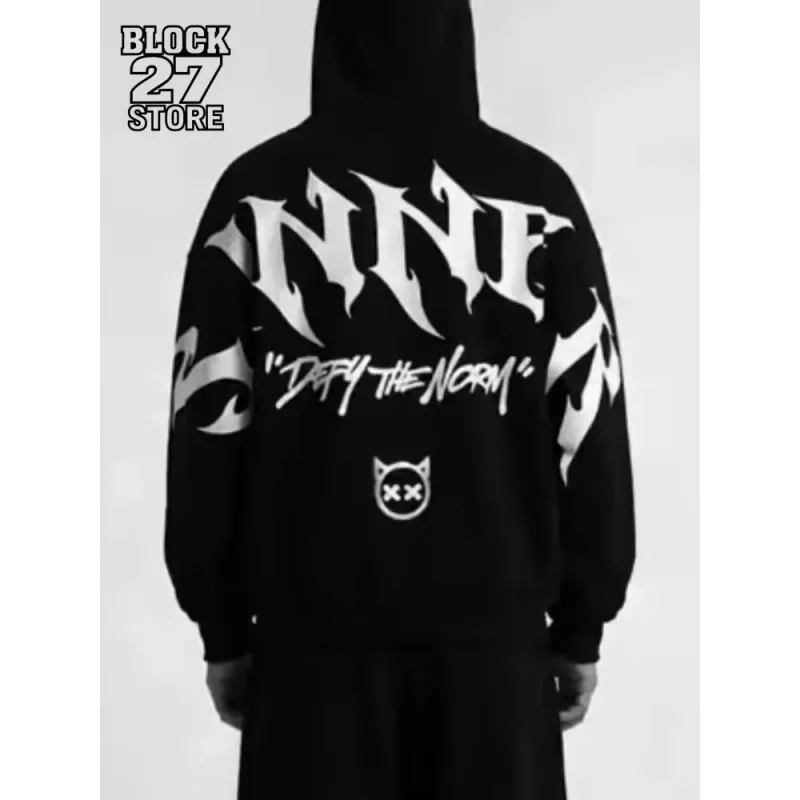 Mens Gothic Sinner Defy The Moon Print Oversized Hoodie Black Streetwear Motorcycle Riding Casual Pullover Hooded Sweatshirts