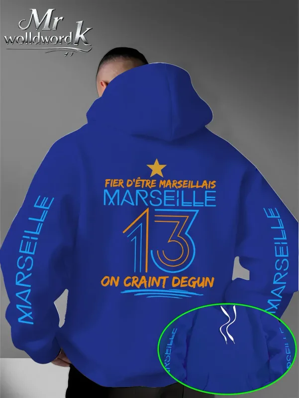 Мужская толстовка с капюшоном Marseille 13 City с несколькими принтами на рукавах и буквами сзади, осенне-зимняя флисовая свободная толстовка с капюшоном