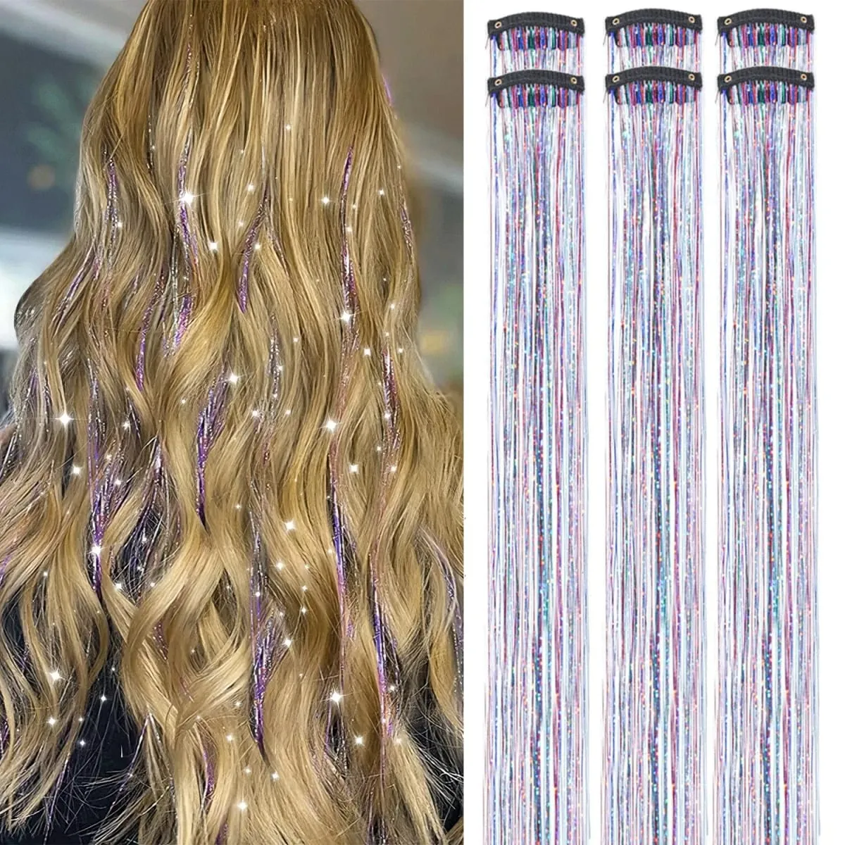 6/12Pas Synthetic Hair Tinsel Clip in 20Inch Glitter Tinsel Hair Clip in Hair Tinsel Kit Heat Resistant Shiny Sparkle Fairy Hair — image 8