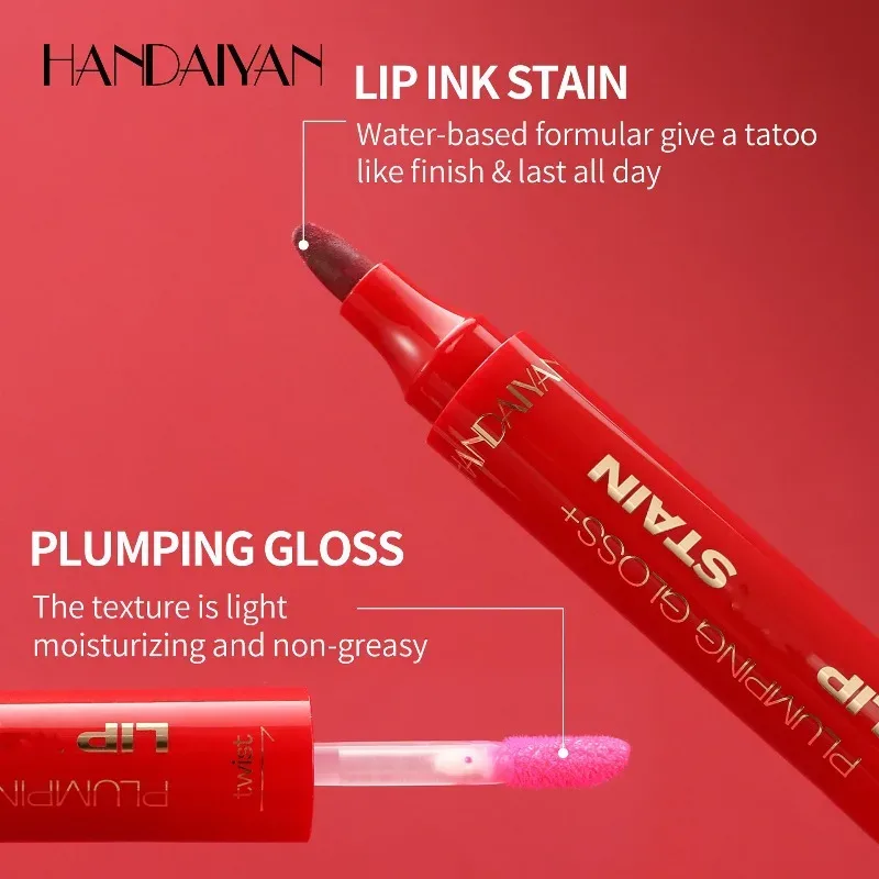 Double-headed Liquid Lip Gloss Pen Lip Contour Liner Oil 2 in 1 Lip Glaze Long Lasting Moisturizing Plumping Lips Stain Makeup
