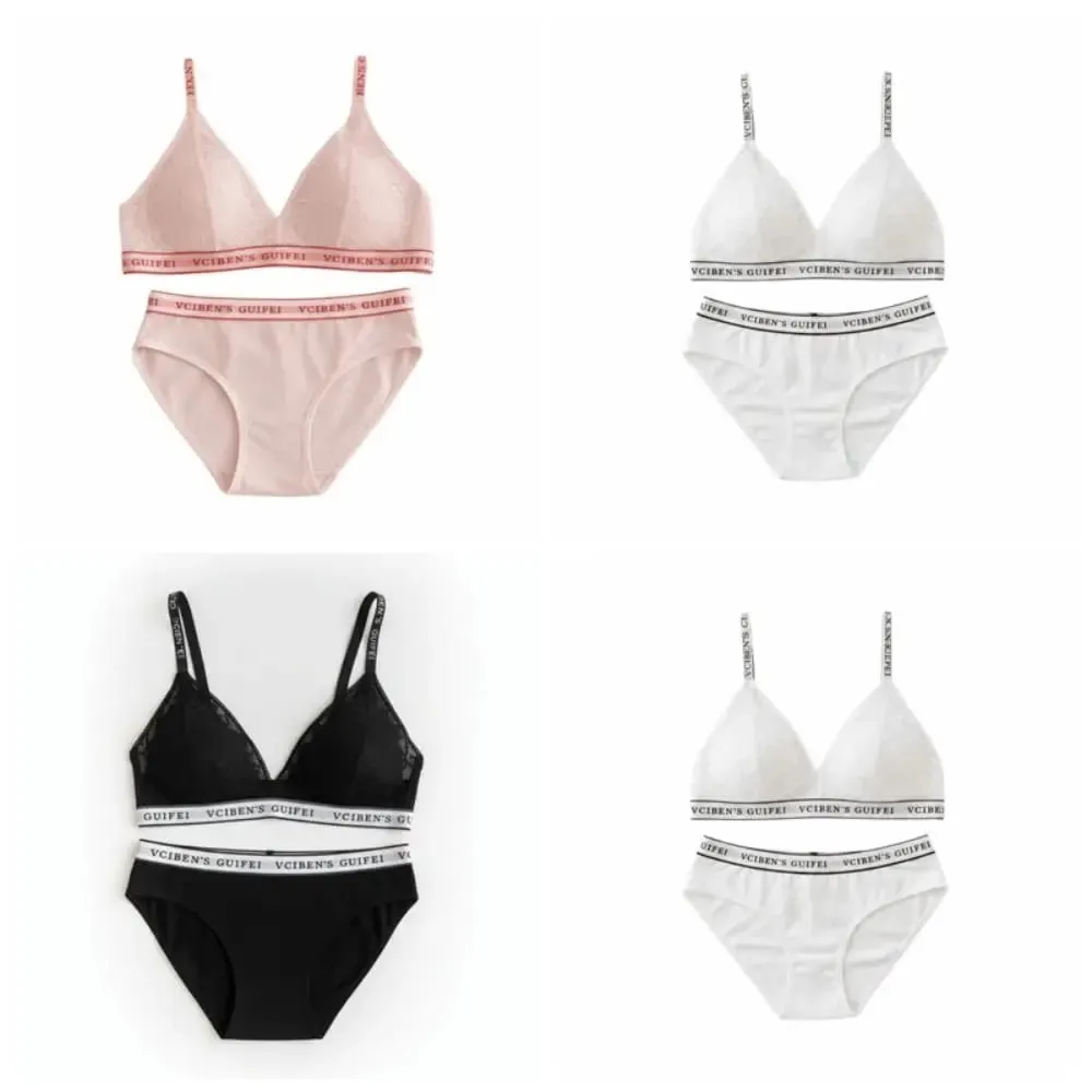 Comfortable Letter Design Lingerie Set Deep V Lace Women Underwear Suit Wireless Color Blocking Bra Panties Set Gift