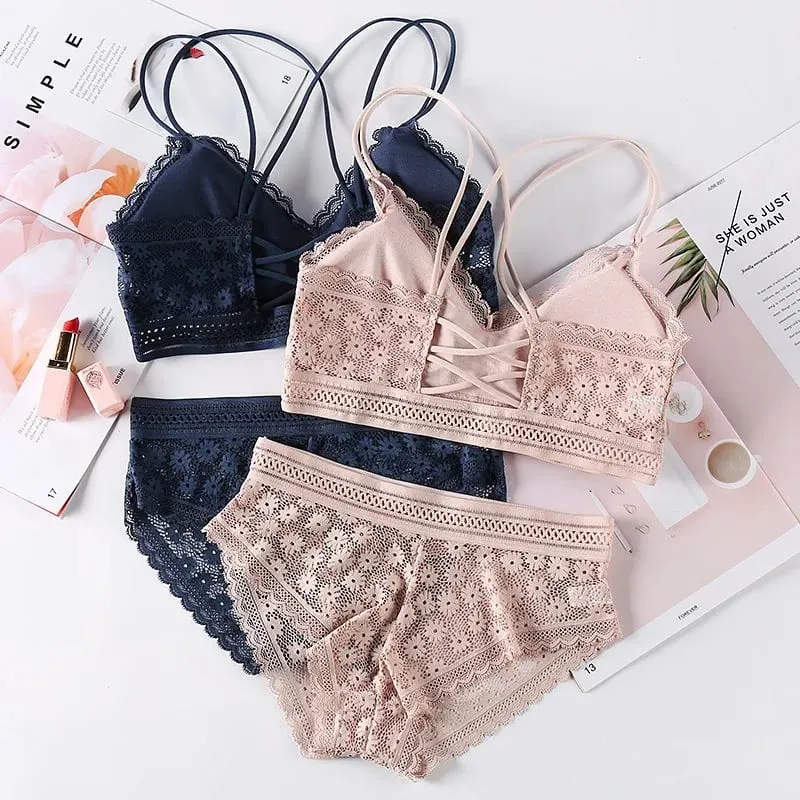 Lace Lingerie Set Cross Shoulder Strap Without Steel Ring Bra Women's Comfortable Support Underwear Fashionable Gathering Design — image 4