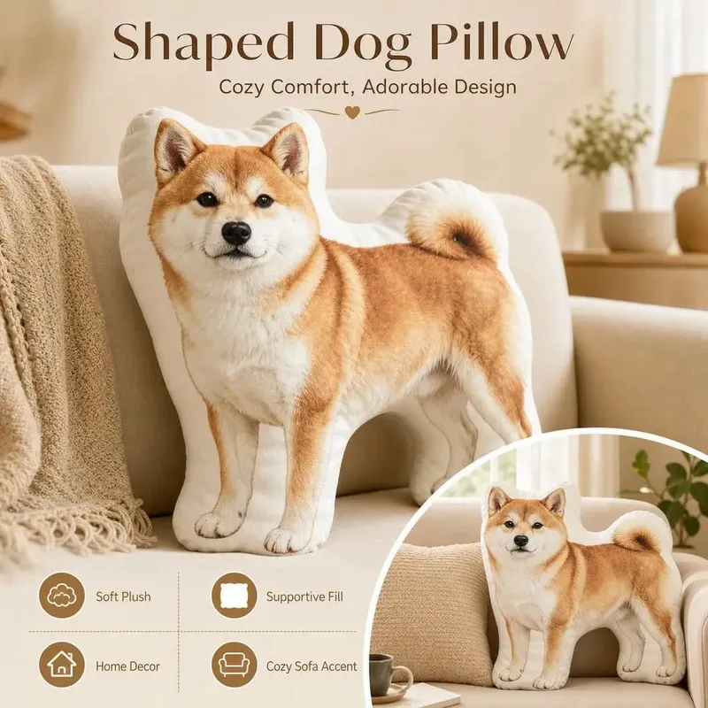 Dog Shaped Pillow Animal Throw Pillow Soft Plush Fabric Decorative Animal Pillow Shiba Dog Cushion Contoured Shape