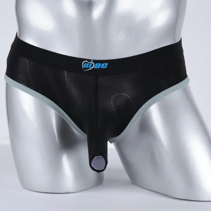 Men's Erotic Briefs Elephant Nose Open Sheath Bikini Gay Sexy Thin Ice Silk Penis Bulge Separate Elastic Quick Dry Sports Tangas