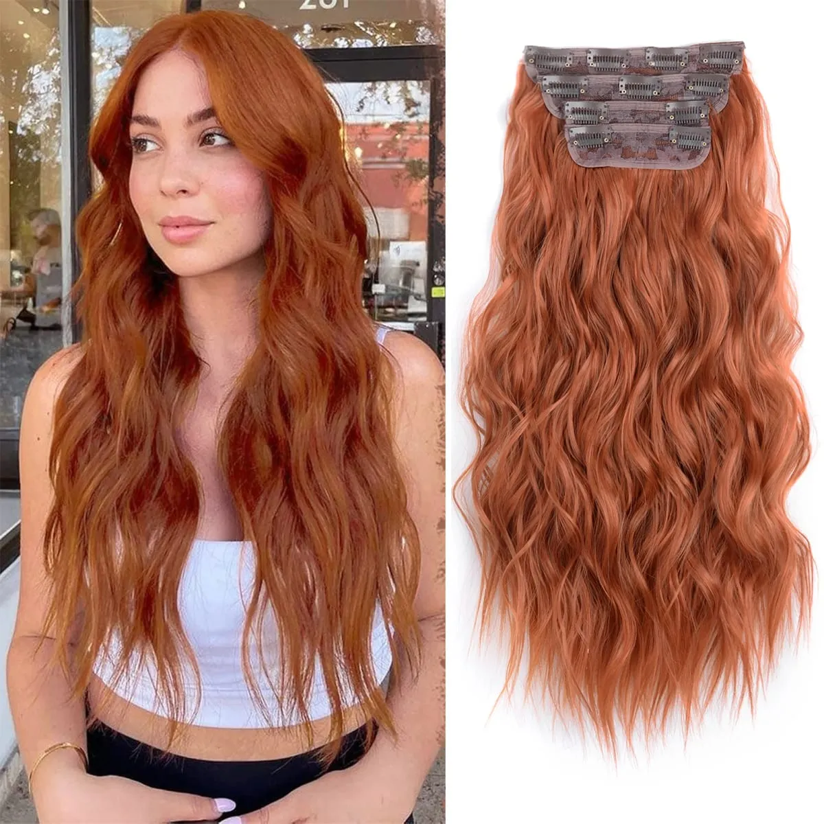 linwan Clip In Hair Extensions 4 PCS Full Head 20 Inch Long Curly Wavy Synthetic Hair Pieces Natural Wavy For Women Girls Hair