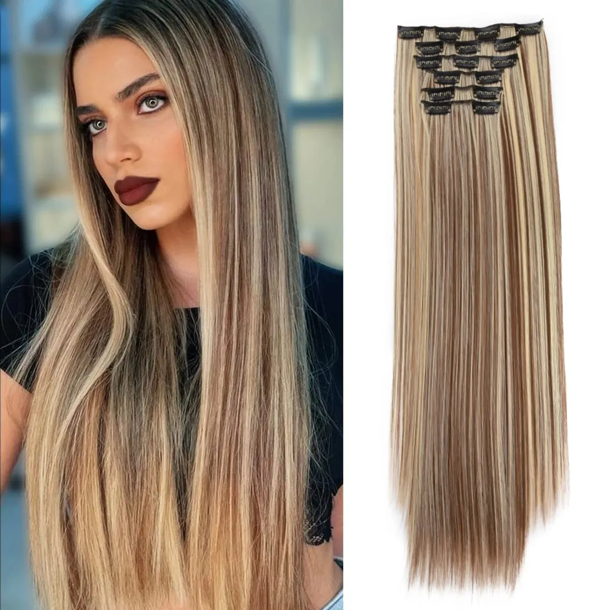 Synthetic Clip In Hair Extensions 6PCS Hair Extensions 24 Inch Long Straight 16 Clip On Hairpieces For Women Girls
