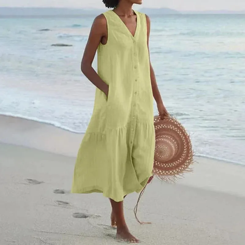 Summer Loose Casual Patchwork Cotton Linen Pocktes Dress V Neck Beach Style Dress Sleeveless Vintage Club Midi Solid Women Dress — image 10