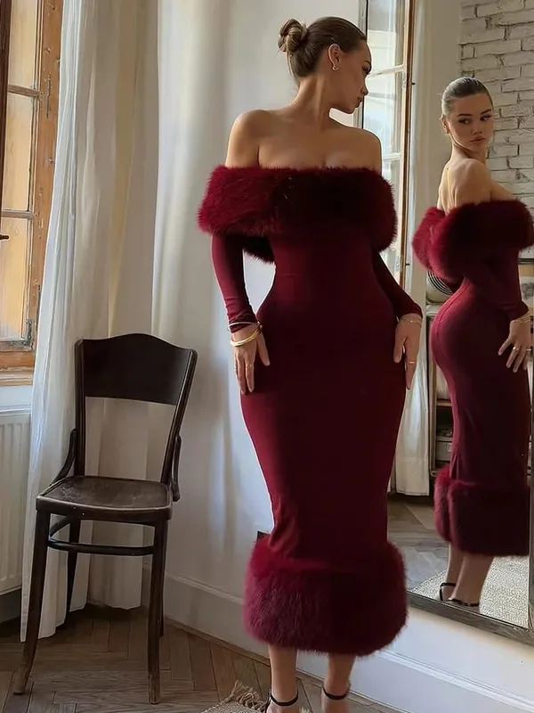 Bez ramiączek ze sztucznego futra patchworkowa sukienka damska seksowna Off ramię pełna rękaw wcięta w talii sukienki bandażowe typu Bodycon Lady Party suknia wieczorowa — image 2