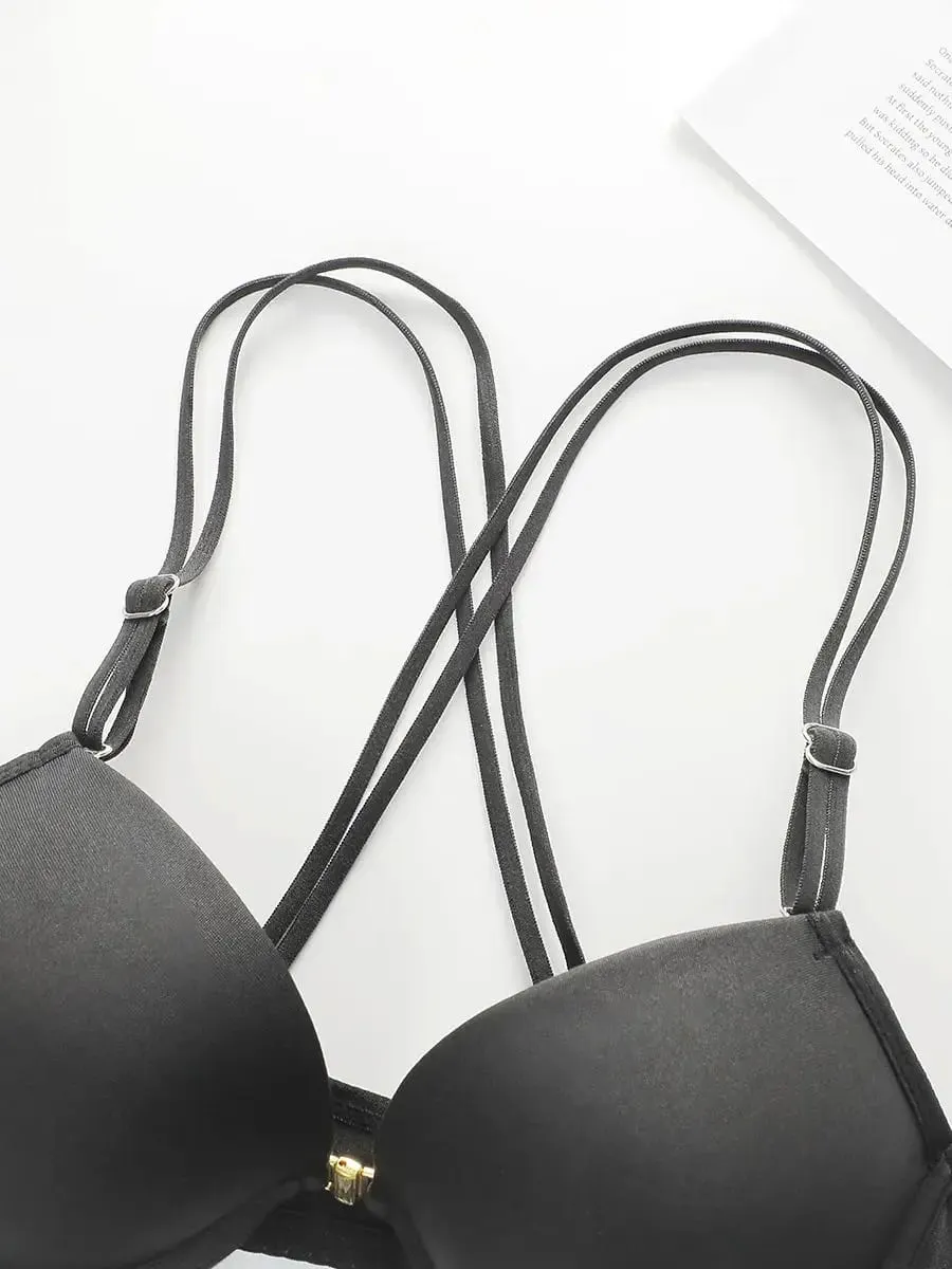 Women's Front Button Back Cross Strap Bra Set Gathering Push Ups Solid Color Lace Sexy Daily Comfort Casual Underwear Set A2159