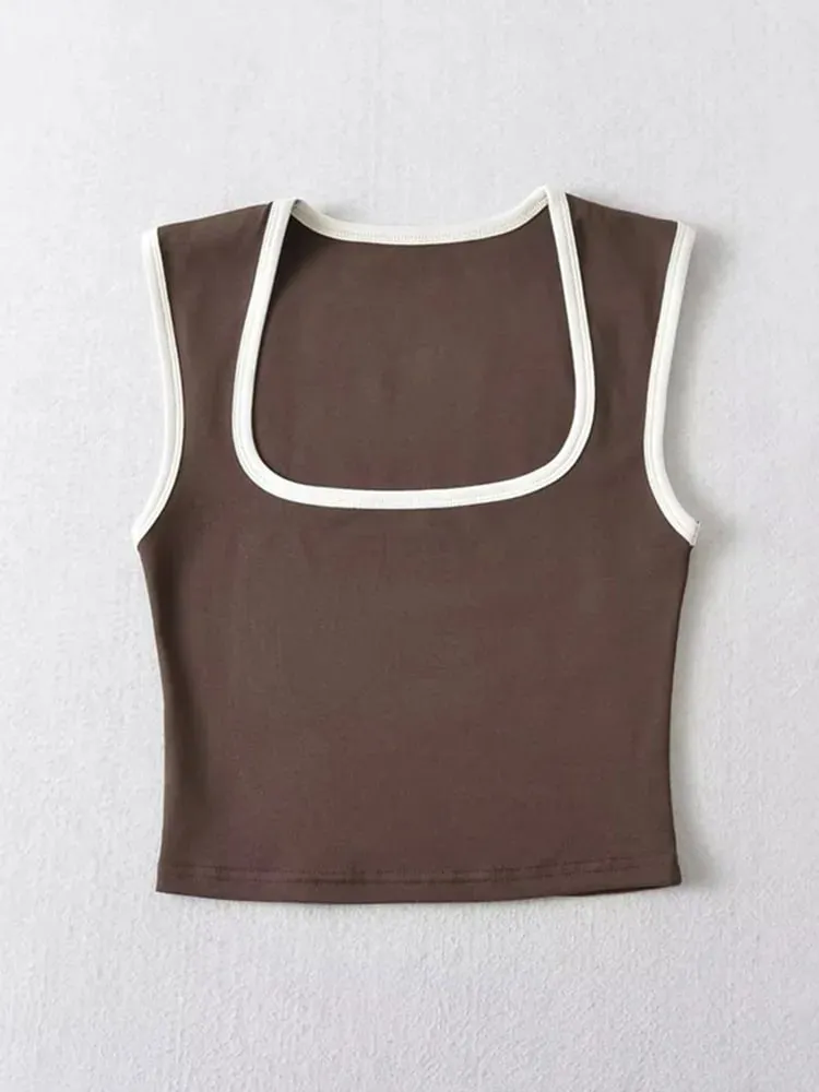 Woman Fashion Slim Solid Contrust Camis Casual Sleeveless Tanks Square Collar Crop Tops Clothing Streetwear Mujer 2024 Y2k