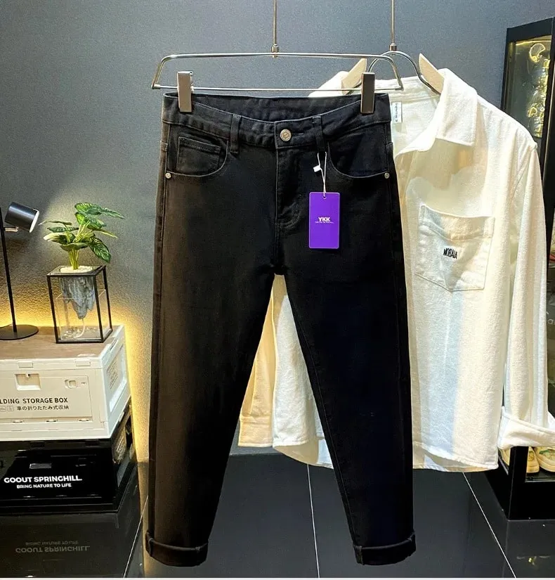 Men's Black Jeans Slim-Fitting Small Straight 2024 New Fall Men's Clothing High-End Denim Casual Long Skinny Pants