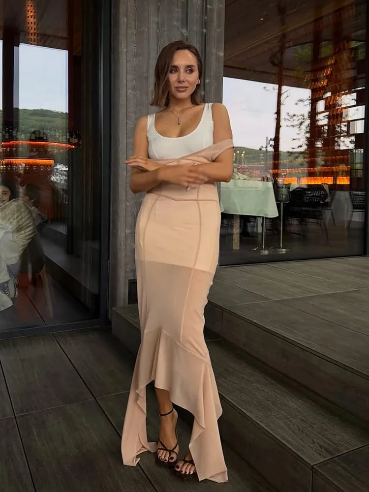Sheer Mesh Overlay Spaghetti Strap Midi Dress Waist Cinched Sleeveless 2026 Summer Women Accessories Trendy Classy Lady Outfits