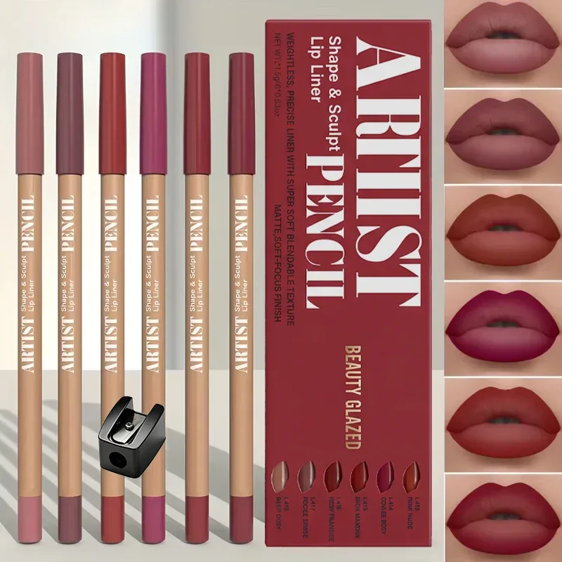 7pcs/Set Nude Lip Makeup Set: 6 Matte Lip Liners + Sharpener. Long-Lasting Matte Lip Liners With A Waterproof Lip Liners