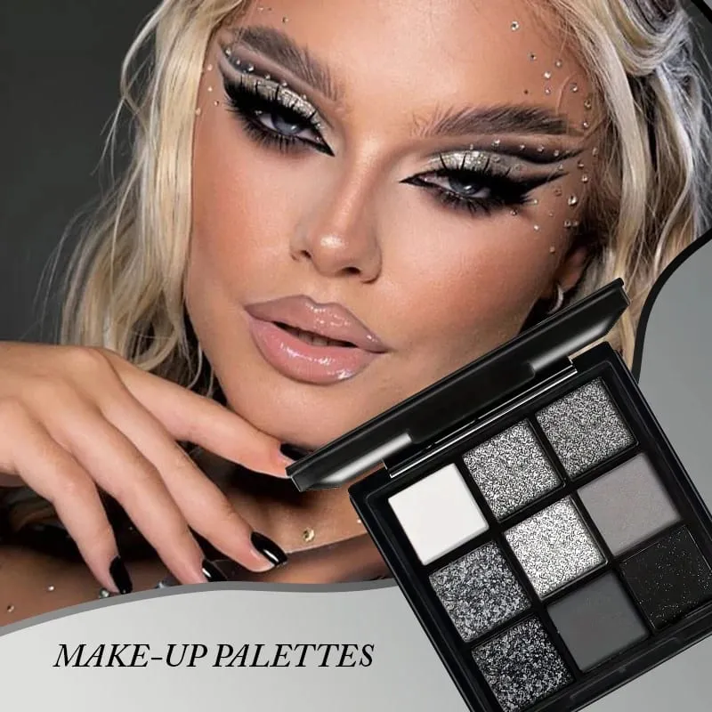9 Colors Black Smoky Eyeshadow Palette with Holographic Glitter Sequins & Dual‑End Eyeshadow Brushes Halloween Party Makeup Kit