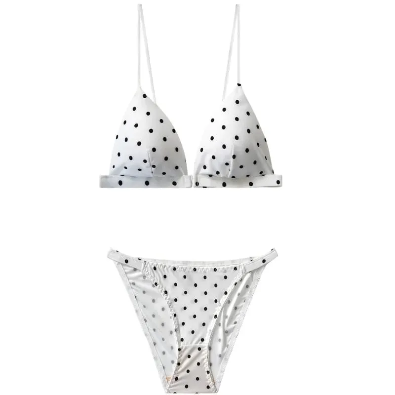 Female Vintage Polka Dot Triangle Cup Underwear Set Front Closure Bikini Style Comfort Push Up Close-fitting Underwear Set
