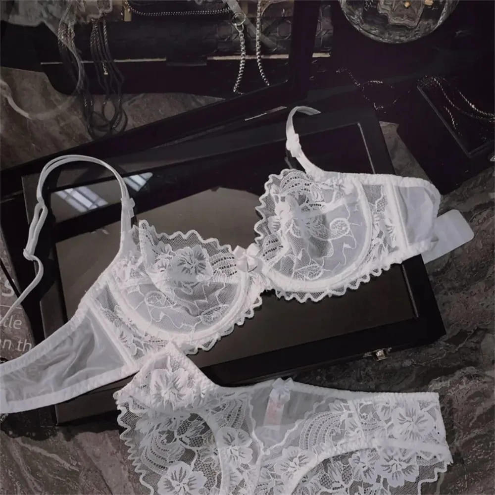 Minimal French Thin Perspective Lace Lingerie Set Underwire Beauty Back Malaking Bust Minimizer Side Shaping Anti Sagging Bra Set