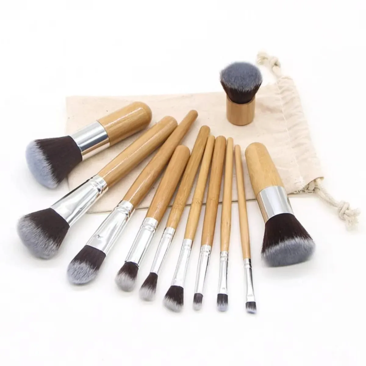 11pcs Natural Bamboo Handle Makeup Brushes Foundation Blending Make Up Tool Set With Cotton Bag — image 4
