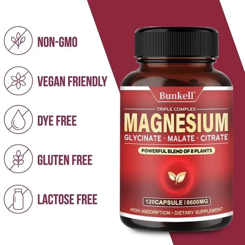 High Absorption Magnesium Glycinate Malate Citrate 100% Chelated Non-GMO Vegetarian Gluten Free 8 600 Mg 120 Capsules