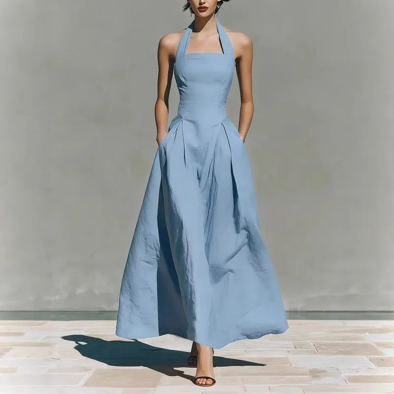 2026 Women's Spring and Summer Neck-Hanging Linen-Style Leisure Fashion Fitting Pocket Dresses