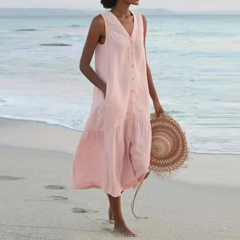 Summer Loose Casual Patchwork Cotton Linen Pocktes Dress V Neck Beach Style Dress Sleeveless Vintage Club Midi Solid Women Dress — image 13
