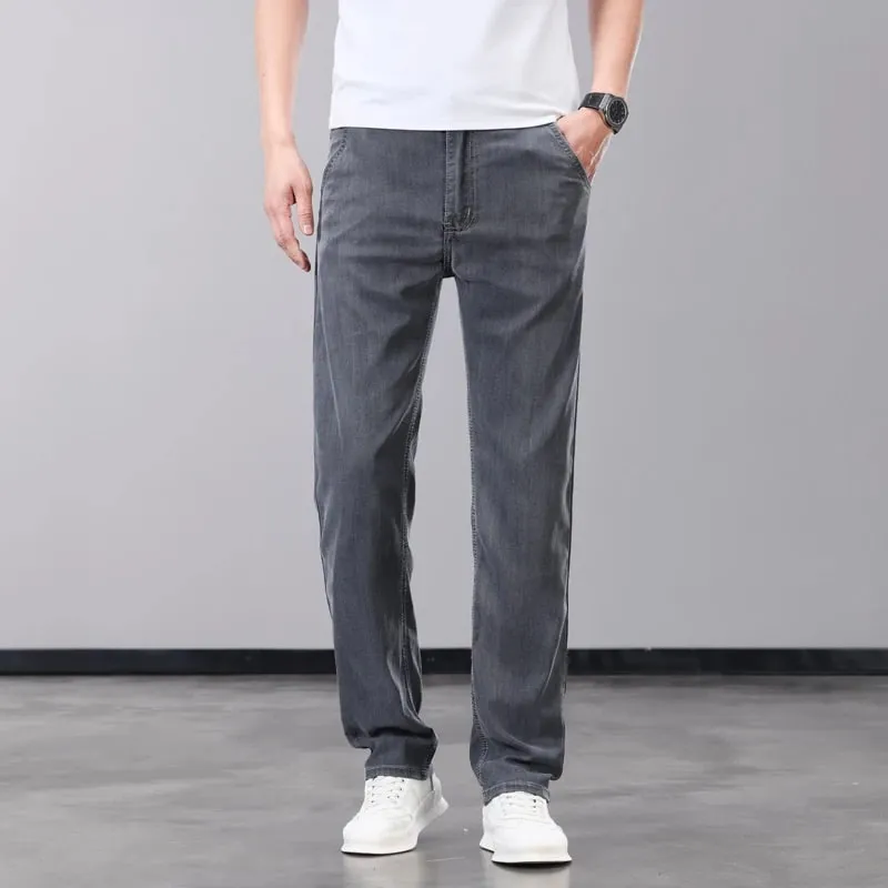 Summer Thin Men's Jeans Lyocell Fabric Soft Breathable Straight Denim Pants Brand Man Elastic Ice Silk Casual Trousers Grey Blue