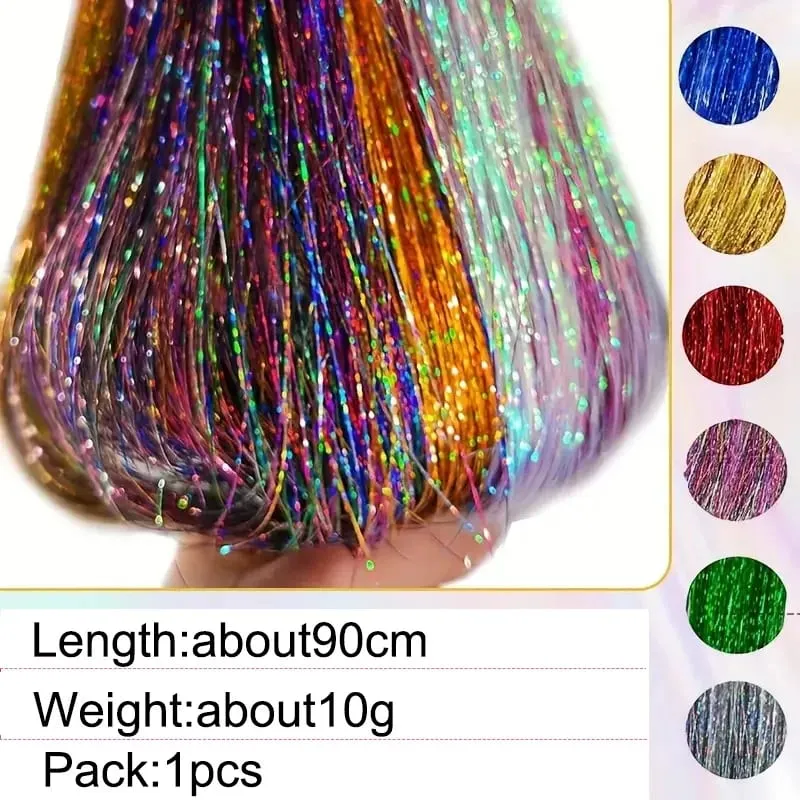 90cm Syntetisk 3st/set Regnbågsfärgat glänsande hår Laser Tinsel Långt rakt Värmebeständigt Fairy Hair Extension Party Dagligen