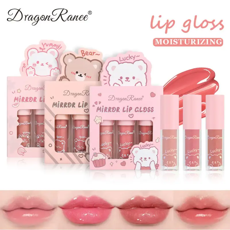 Dragon Ranee 3pcs Mirror Lip Gloss Set Hydrating Shining Lip Glaze Moisturizing Pearl Liquid Lipstick Cartoon Lip glosses Sets — image 2