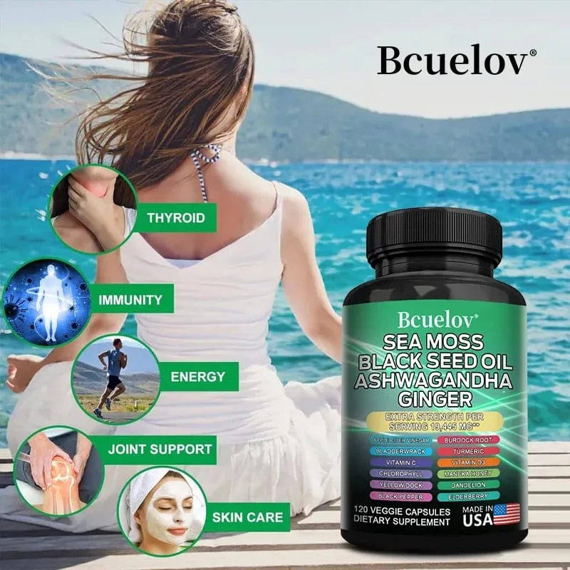 All in One Supplement with Sea Moss Black Seed Oil Ashwagandha Ginger Enhanced Immunity & Energy 120 Capsules