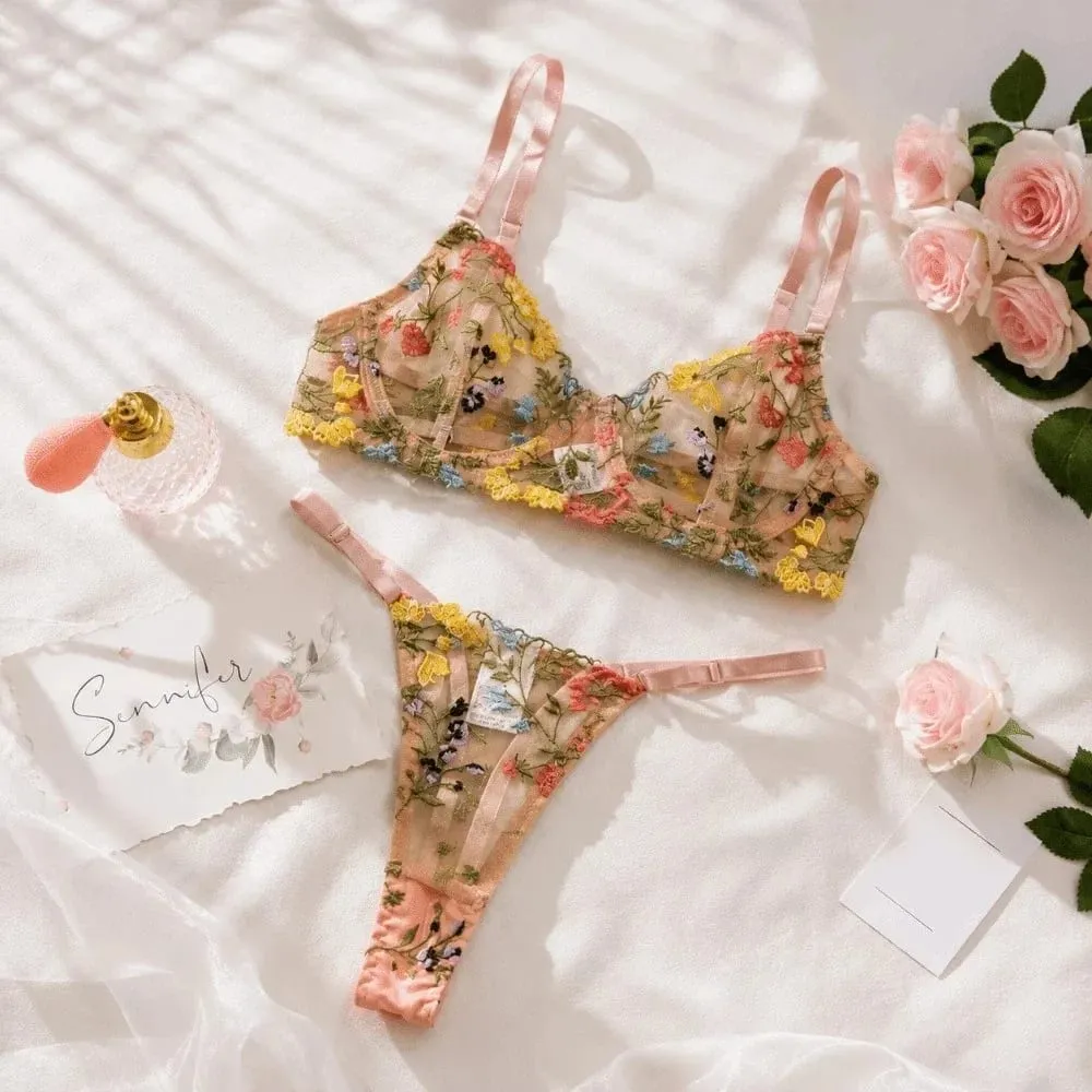 Versatile Transparent Lingerie Set Ultra-thin Push Up Panties Bra Set Elegant Embroidery Floral Underwear Women
