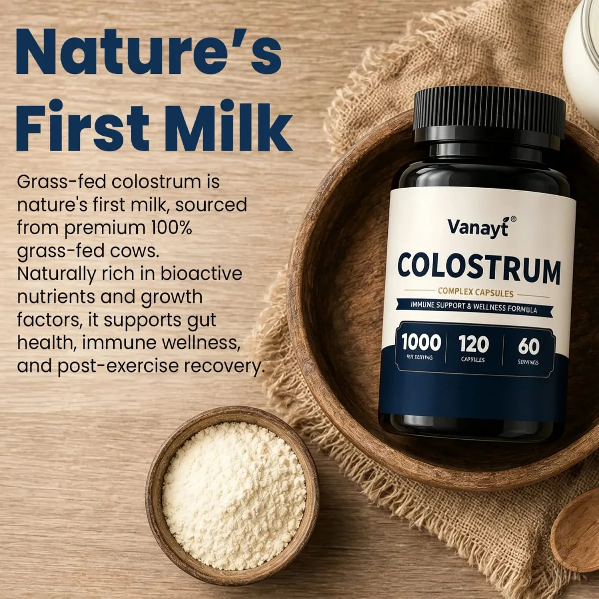 Colostrum Capsules 1000 mg Grass-Fed Immune Gut Digestive Health Skin Hair Nail Repair Energy Focus Support Supplement