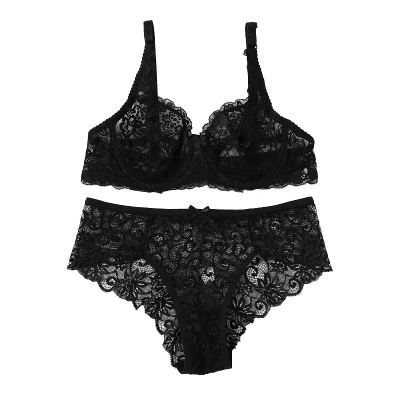 Women's Sexy Lace Thin Bras Suit Non-pad Exquisite Push-up Bra Solid Breathable Underwire G-String Panties Underwear Set