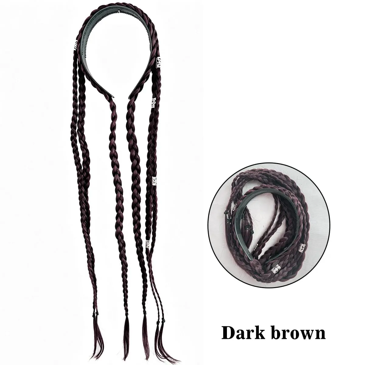 Synthetic Braided Headband Wig Braids Hairband With Decorative Silver Rings Long Box Braid Headband Hairpieces For Women Daily