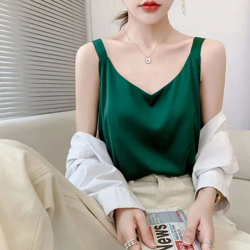 Silk Camisole Ladies Summer Suit Inside V-Neck Satin Bottoming Vest 2025 Thin Loose Sleeveless Sling Silk Tops Small Shirt Trend — image 3