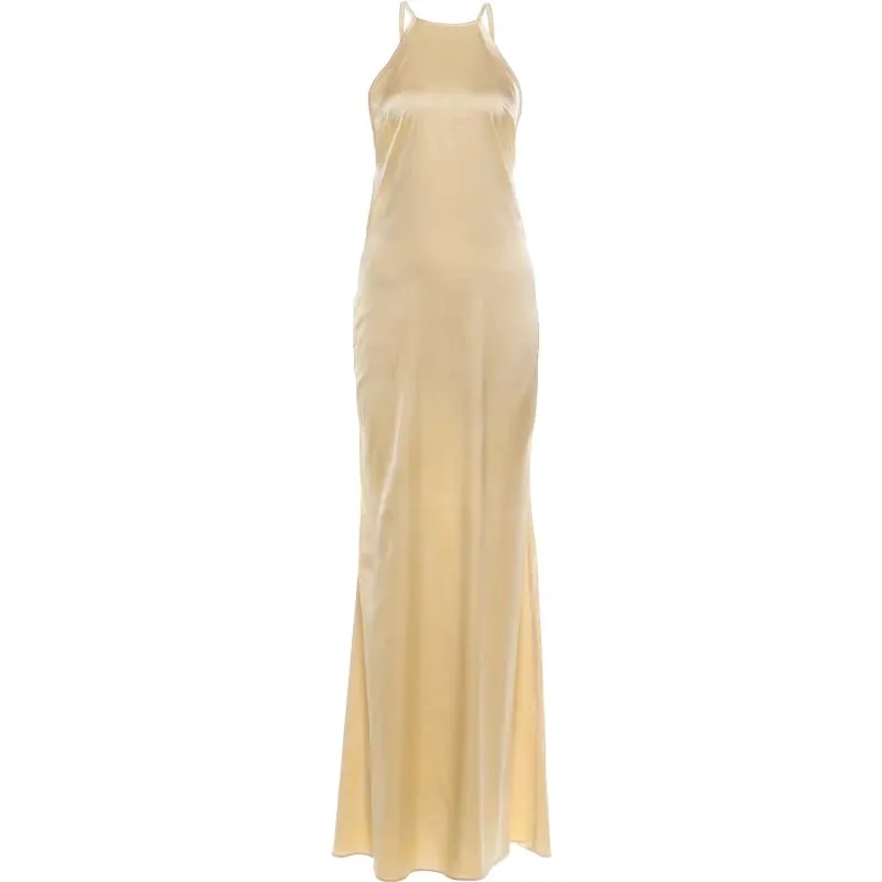Nibber Sleeveless Halter Satin Dress Women Metal Buckle Elegant Patchwork Fashion Classic Evening Party Backless Long Bodycon — image 8