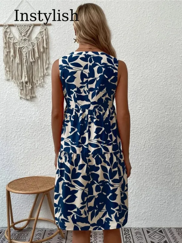 Dámské Boho potisk minišaty léto elegantní bez rukávů s výstřihem do V volán do tílka ležérní volné oversize plážové šaty na párty — image 7