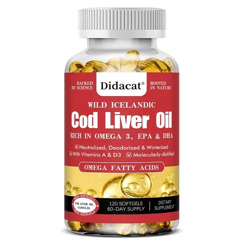 Cod Liver Oil Capsules Fish Oil Omega 3+ Vitamins A & D3 - Supports Heart Brain Vision & Joint Health
