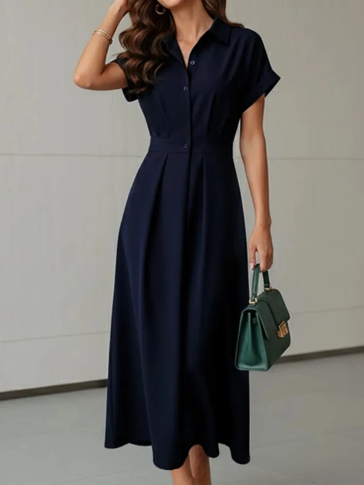 Elegant Chic Women Long Dresses Casual Short Sleeve Collared High Waisted Casual & Day Shirt Dress Solid Color S-3XL