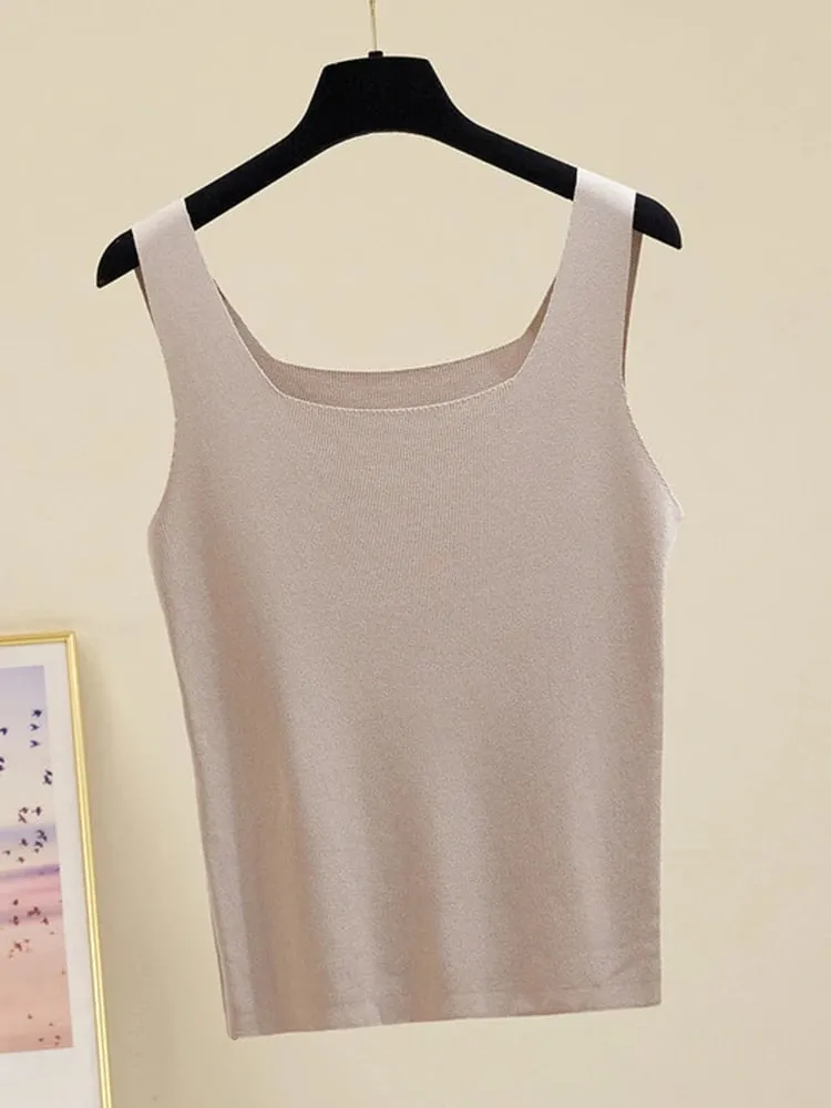 Summer Off Shoulder Tank Tops Women Fitness Short Camis Vest Female Knitted Sexy Square Collar Solid Crop Tops