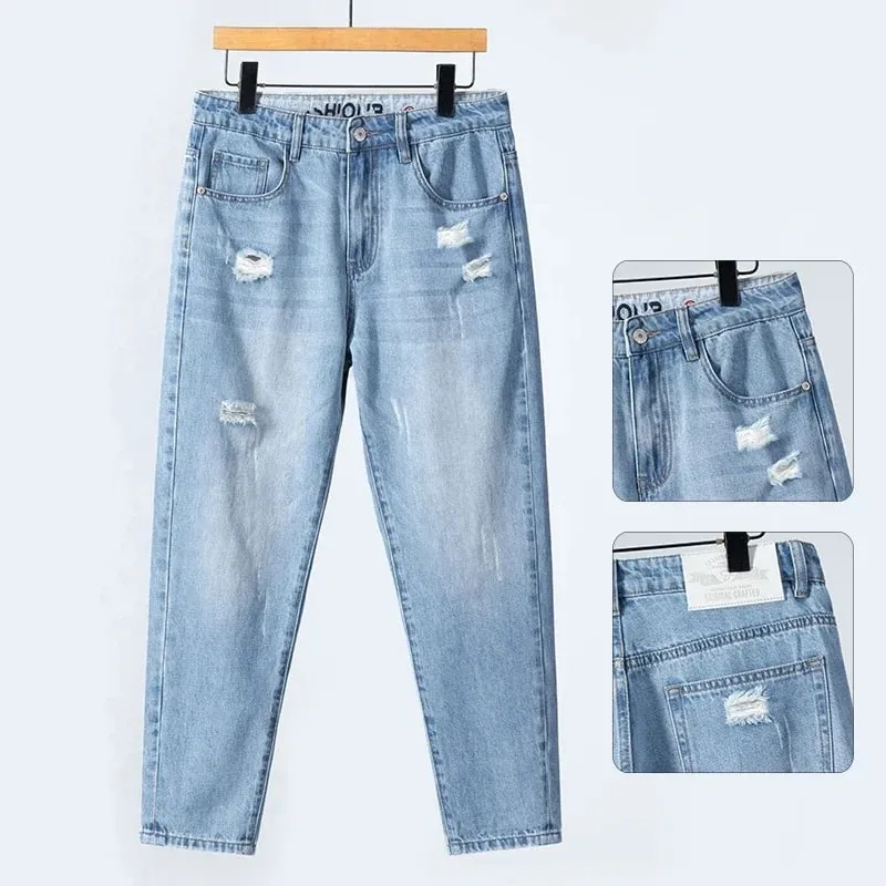 Summer Thin Ripped Jeans Mens Straight Breathable Washed Denim Trousers Casual Streetwear Harlen Ankle Length Pants Light Blue — image 2