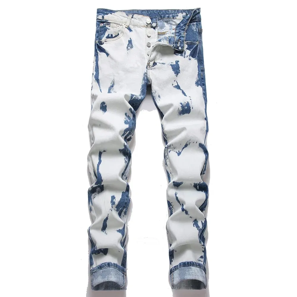 Erkekler Ince Konik Streç Kot Streetwear Ağartılmış Kot Pantolon Rahat Düğmeler Fly Mavi Beyaz Pamuk Pantolon