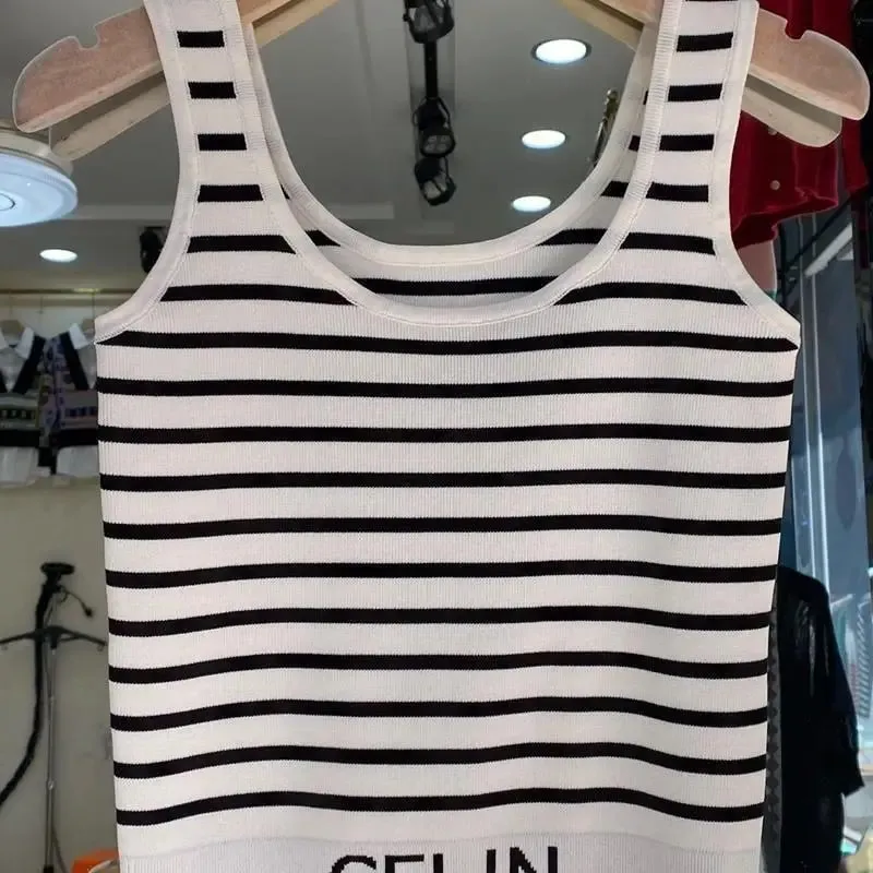 Spring and Summer New Korean-style Hem Letter Stripes Slimming Knitted Halter Top Versatile Slimming Solid Color Vest for Women