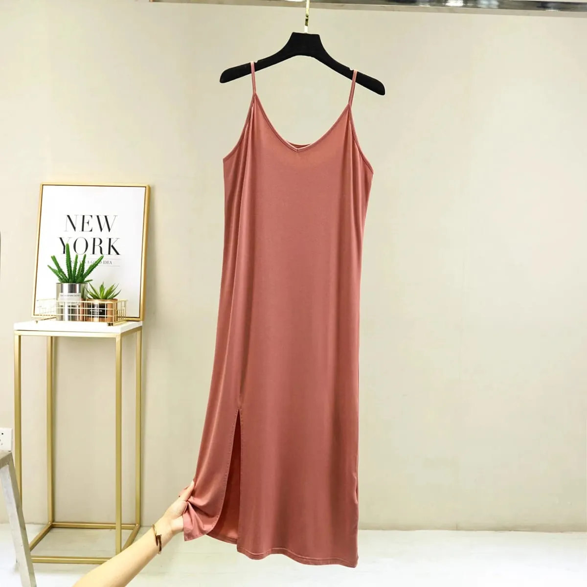 Womens Modal Full Slip Dress Underwear Veststrap Solid Long Under Dress Camisole Slips Inner Petticoat Women Intimates