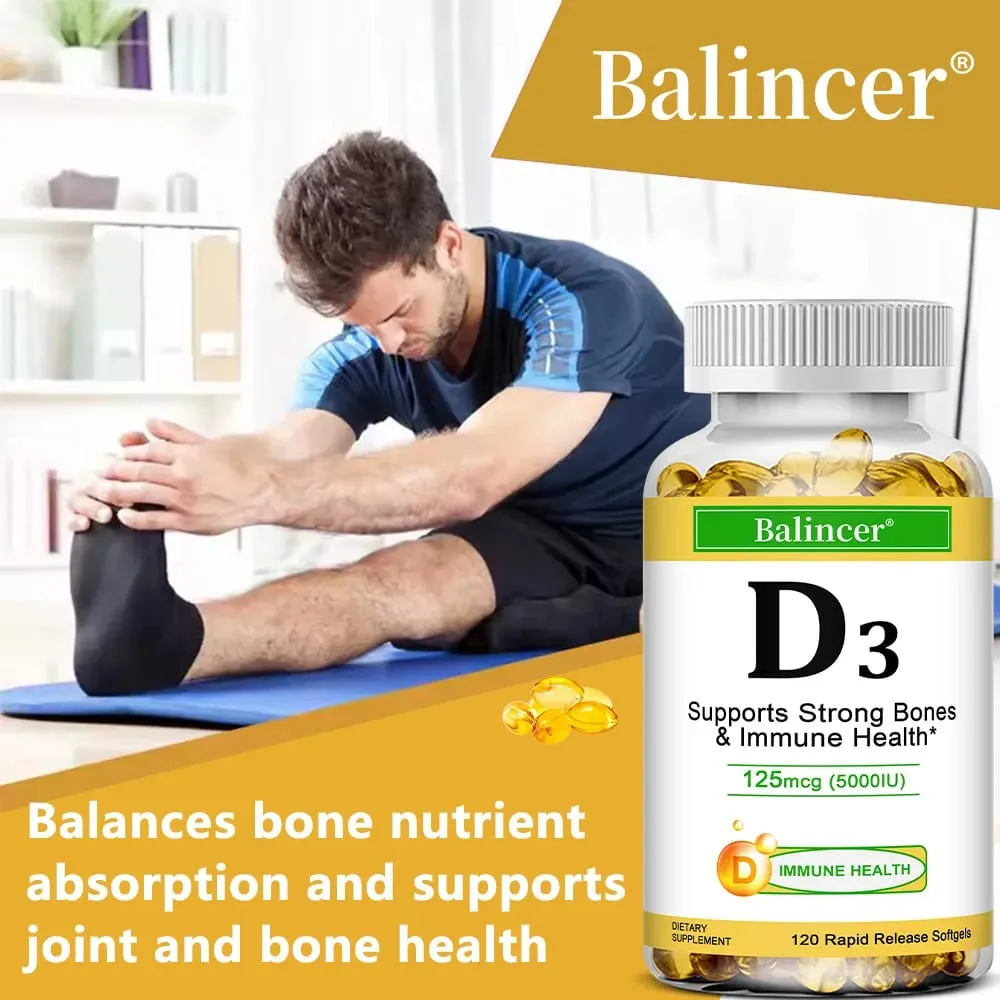 Balincer Vitamin D3 5000 IU (125 Mcg) Dietary Supplement for Bone Teeth Muscle and Immune Health Support 30/60/120 Softgels