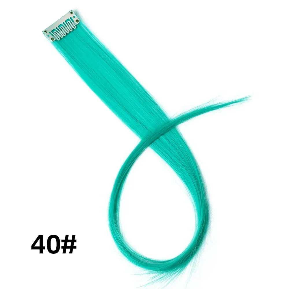 Lige farvet hårstykke Hair Extensions Clip In Highlight Regnbuehår Pink Blå Lilla Syntetisk på klips til kvinder piger — image 46
