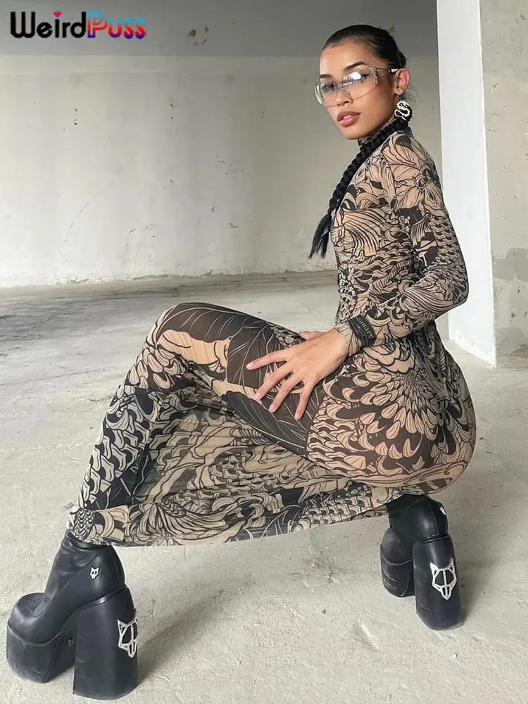 Dziwny kot siatkowy nadruk damska sukienka Maxi z golfem pełna rękaw Bodycon jesień modne biodrówki główna ulica Party Y2K strój