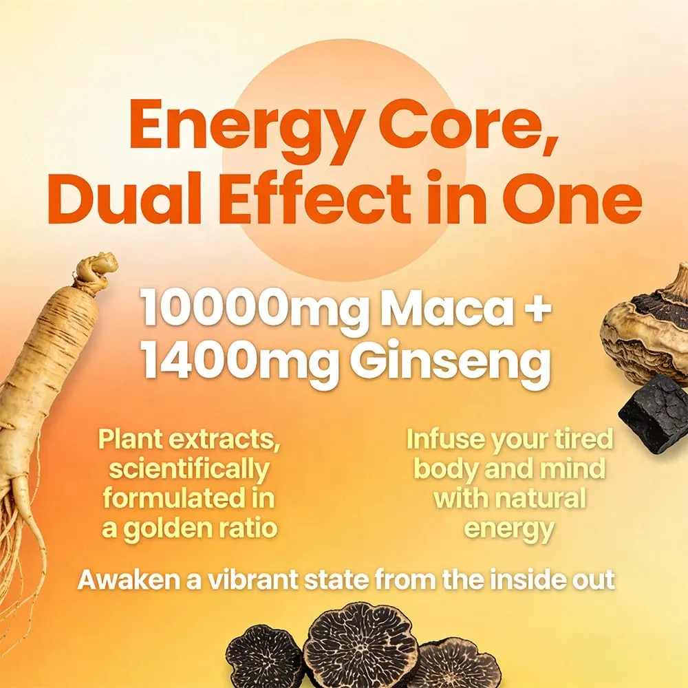 Maca Root Capsules with Ginseng - Promote Energy Mood Stamina & Performance Supports Mental Health for Men and Women