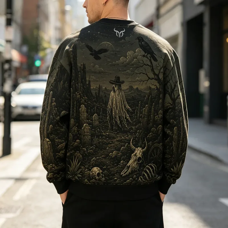 Vintage Dark Western Ghost Print Sweatshirt Desert Cactus Graphic Pullover Long Sleeve Tops Halloween Fashion Casual Streetwear
