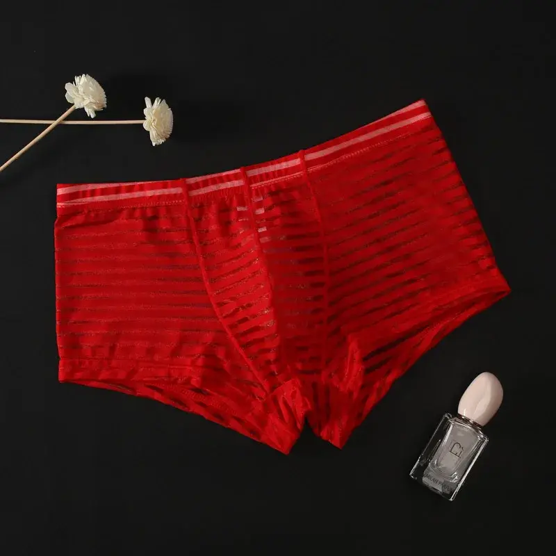 Transparent Underwear Sexy Men Ice Silk Striped Boxer Trunk Breathable Underpants U Convex Pouch Panties Man Boxer Briefs Short